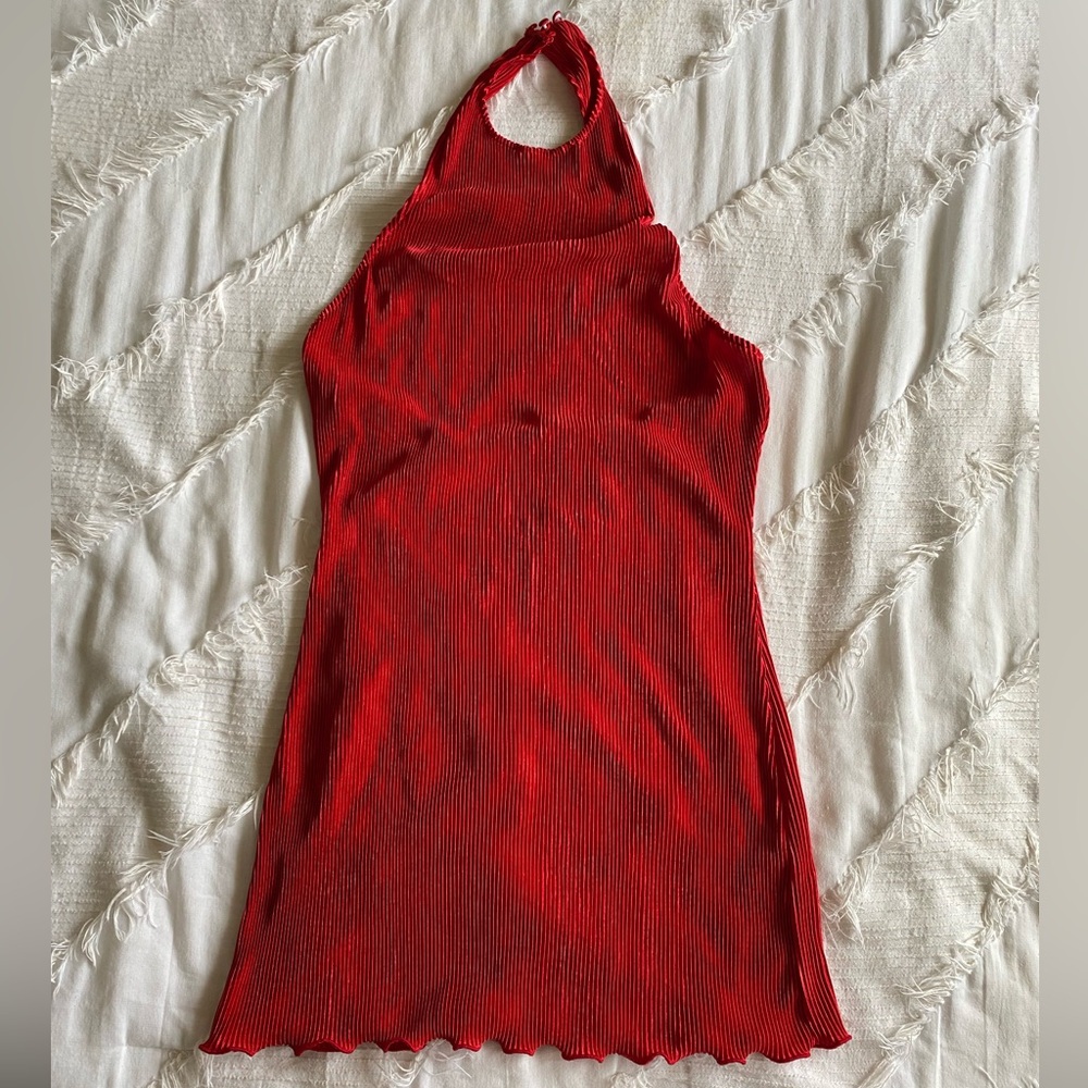 White fox red halter mini dress
